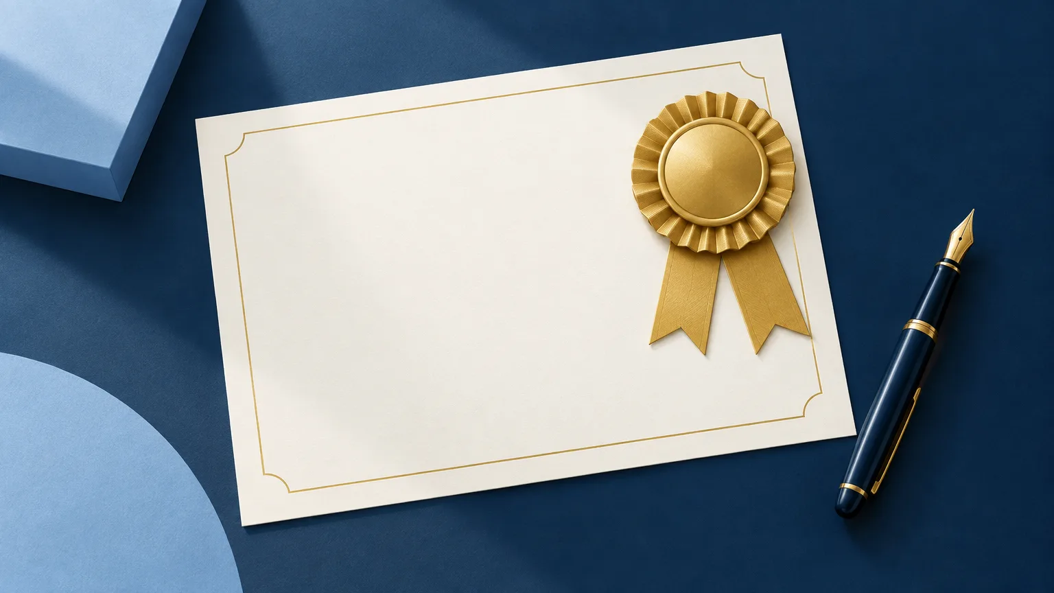 A gold rosette ribbon on a blank certificate with a pen
