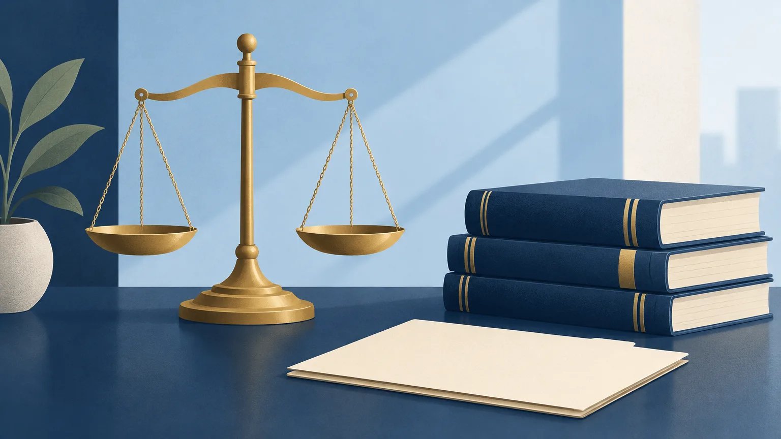 A balanced scale beside law books and a folder