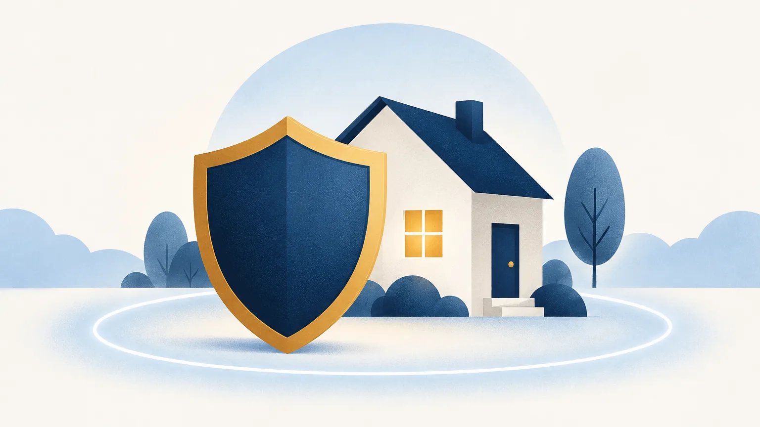 A shield in front of a house within a protective circle