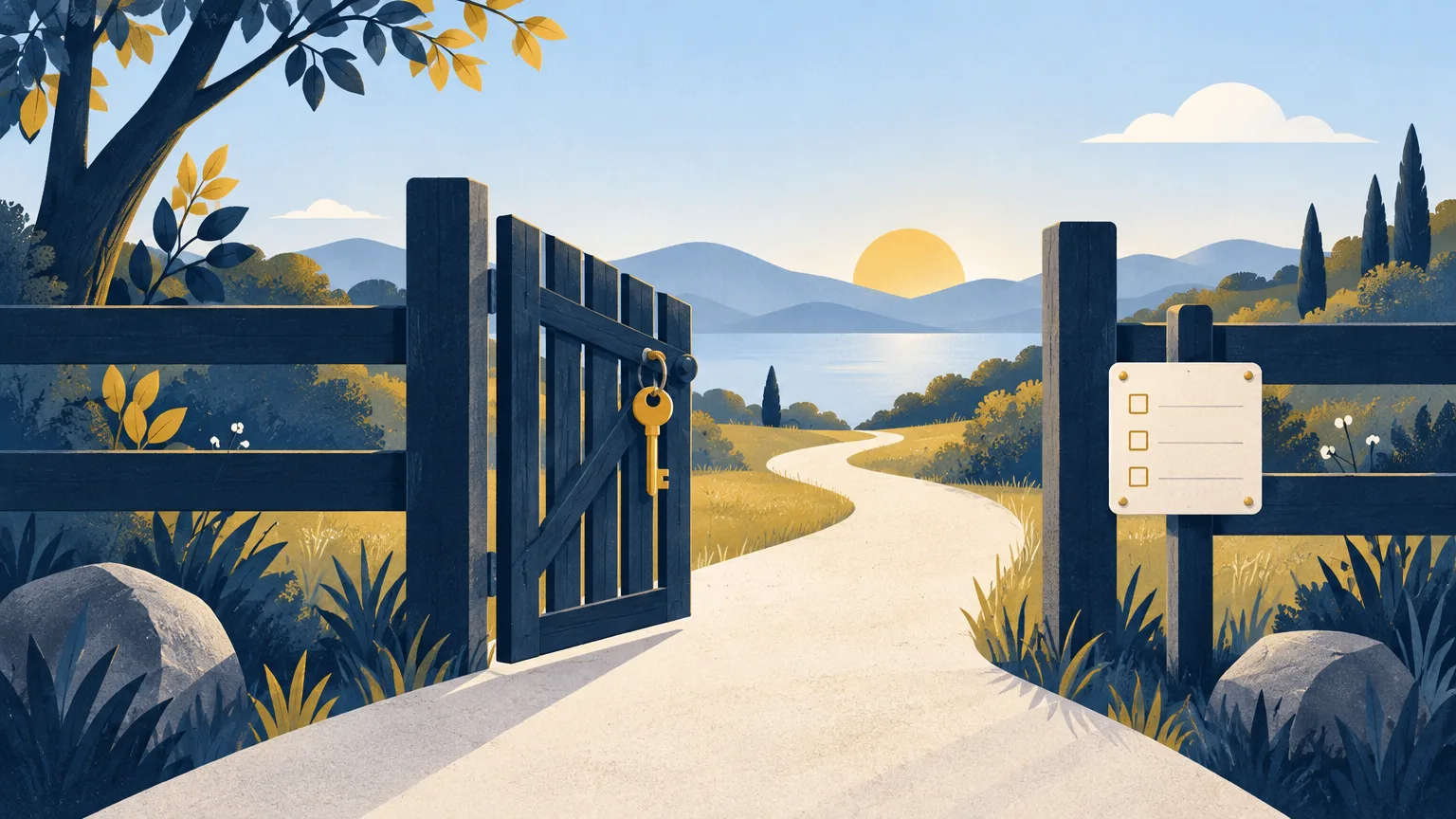 An open gate with a key and a path leading onward