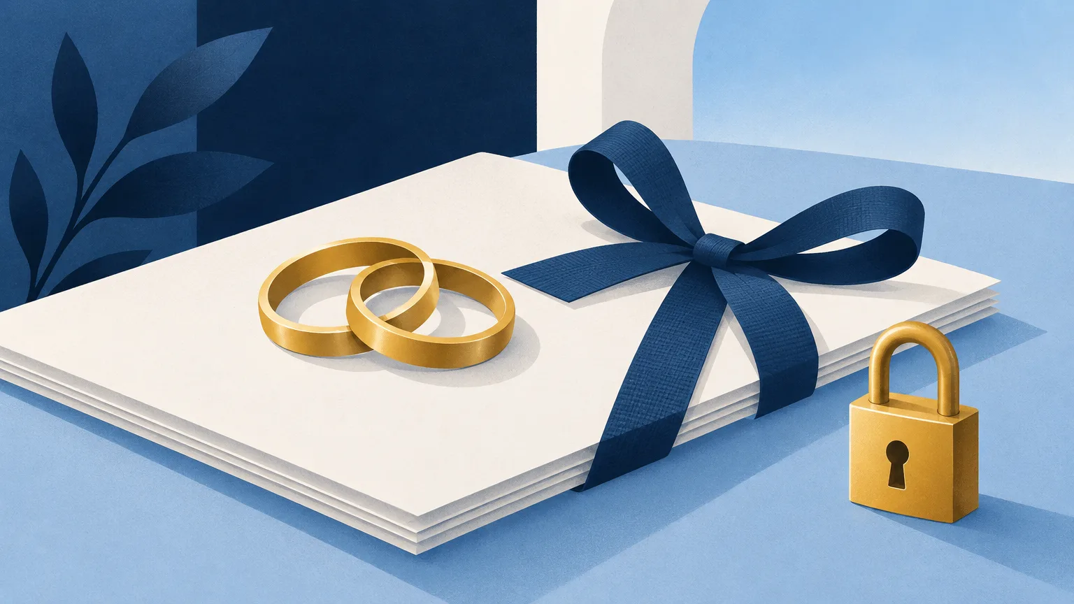 Interlocking rings on a ribbon-tied document with a padlock