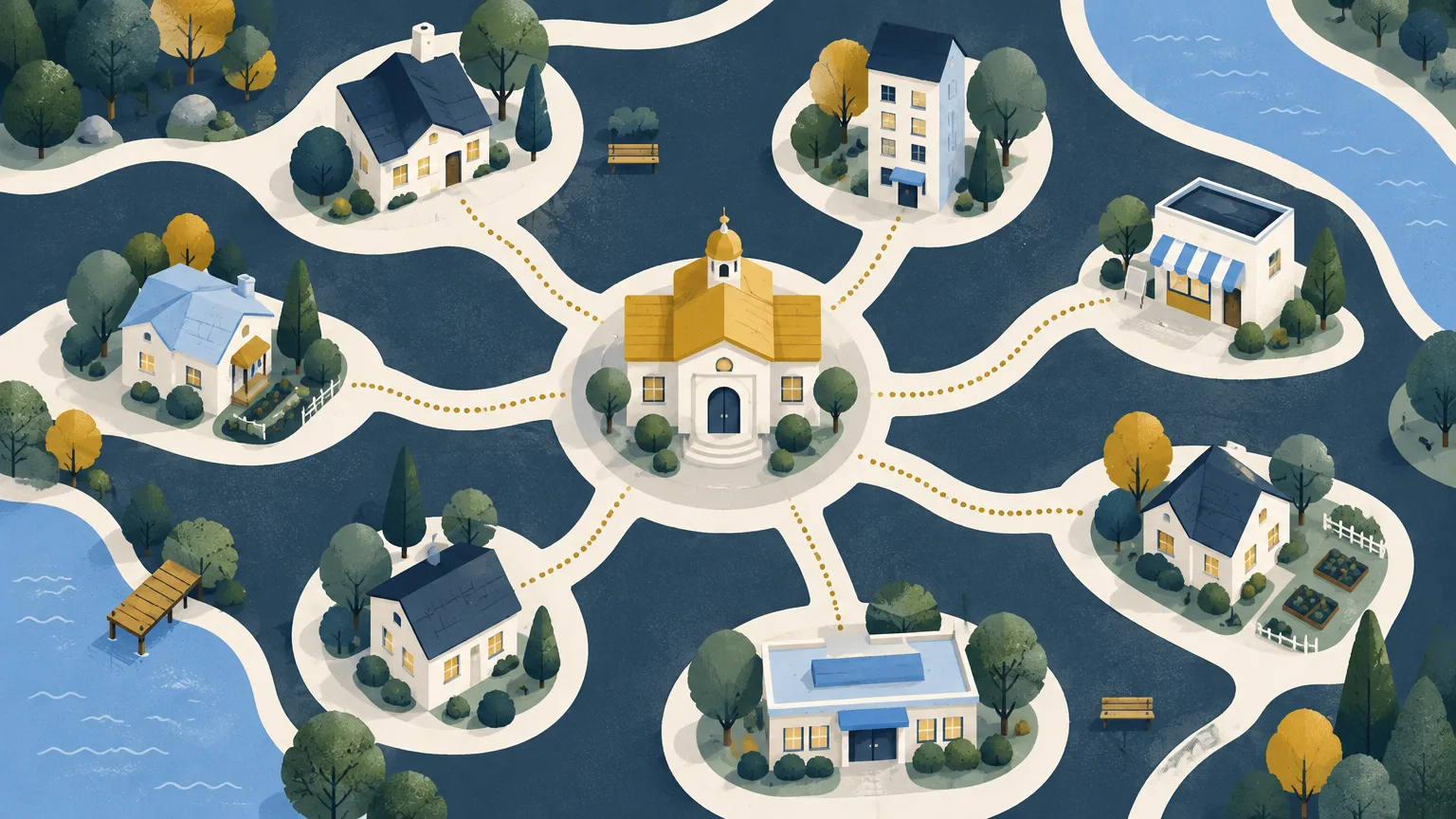 Small neighbourhood buildings connected to a central gold-roofed centre