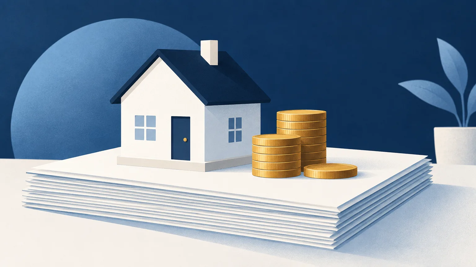A model house on documents beside gold coins