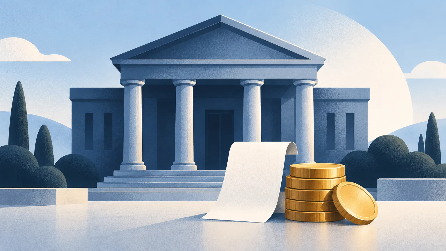 A columned building with gold coins and a receipt slip