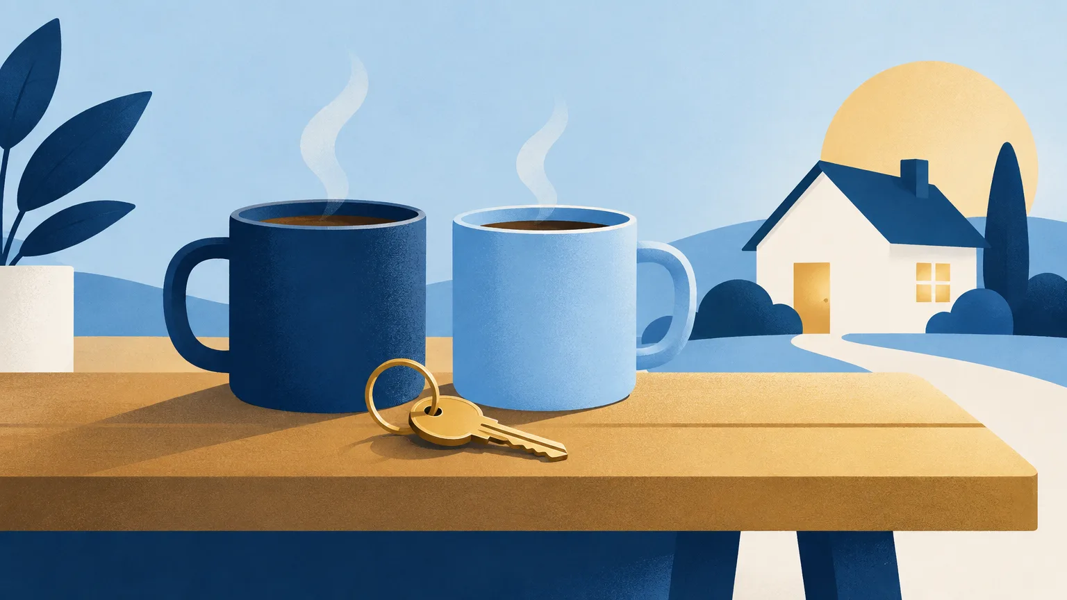 Two mugs beside a shared house key