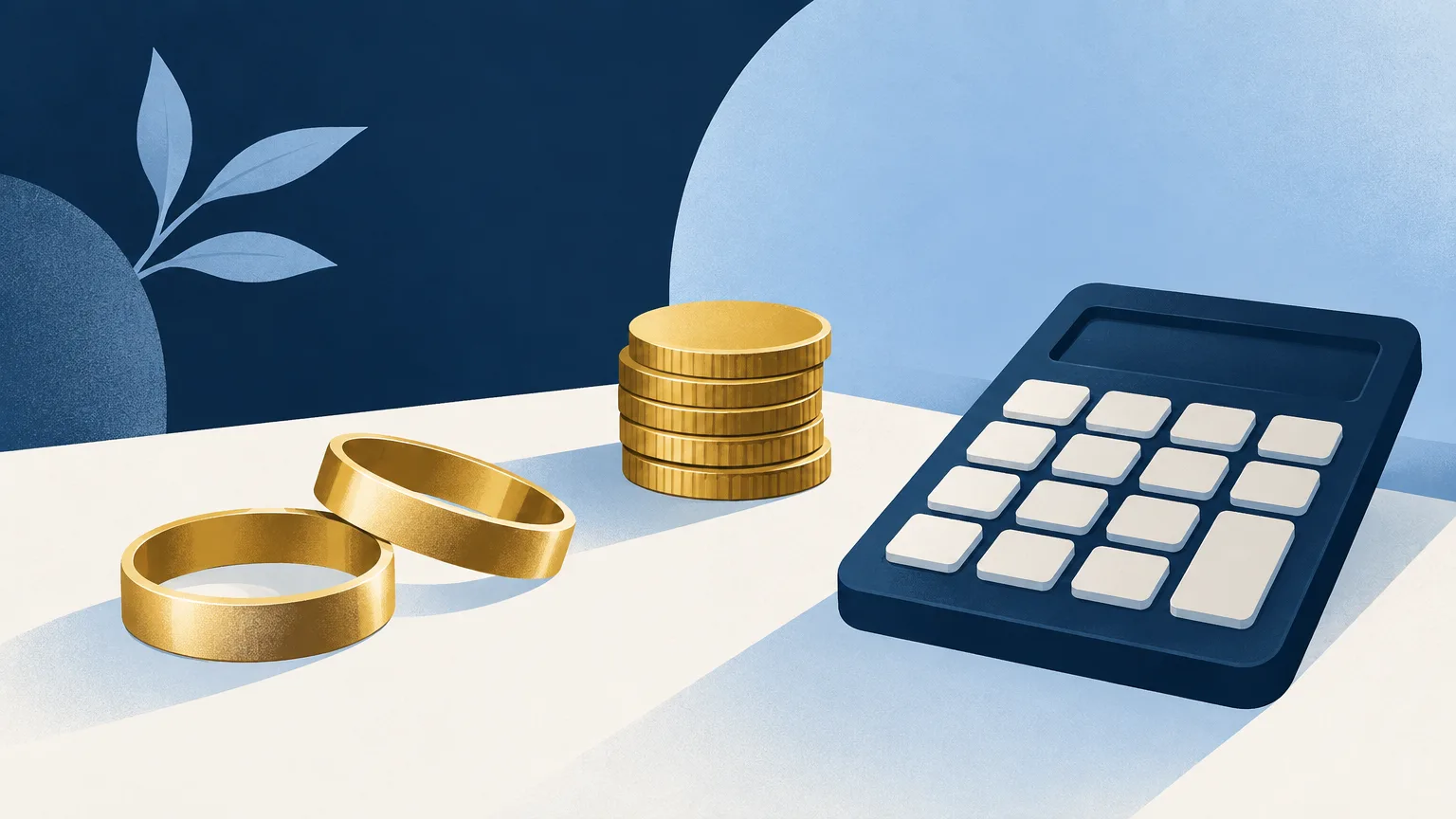 Two separate rings beside gold coins and a calculator