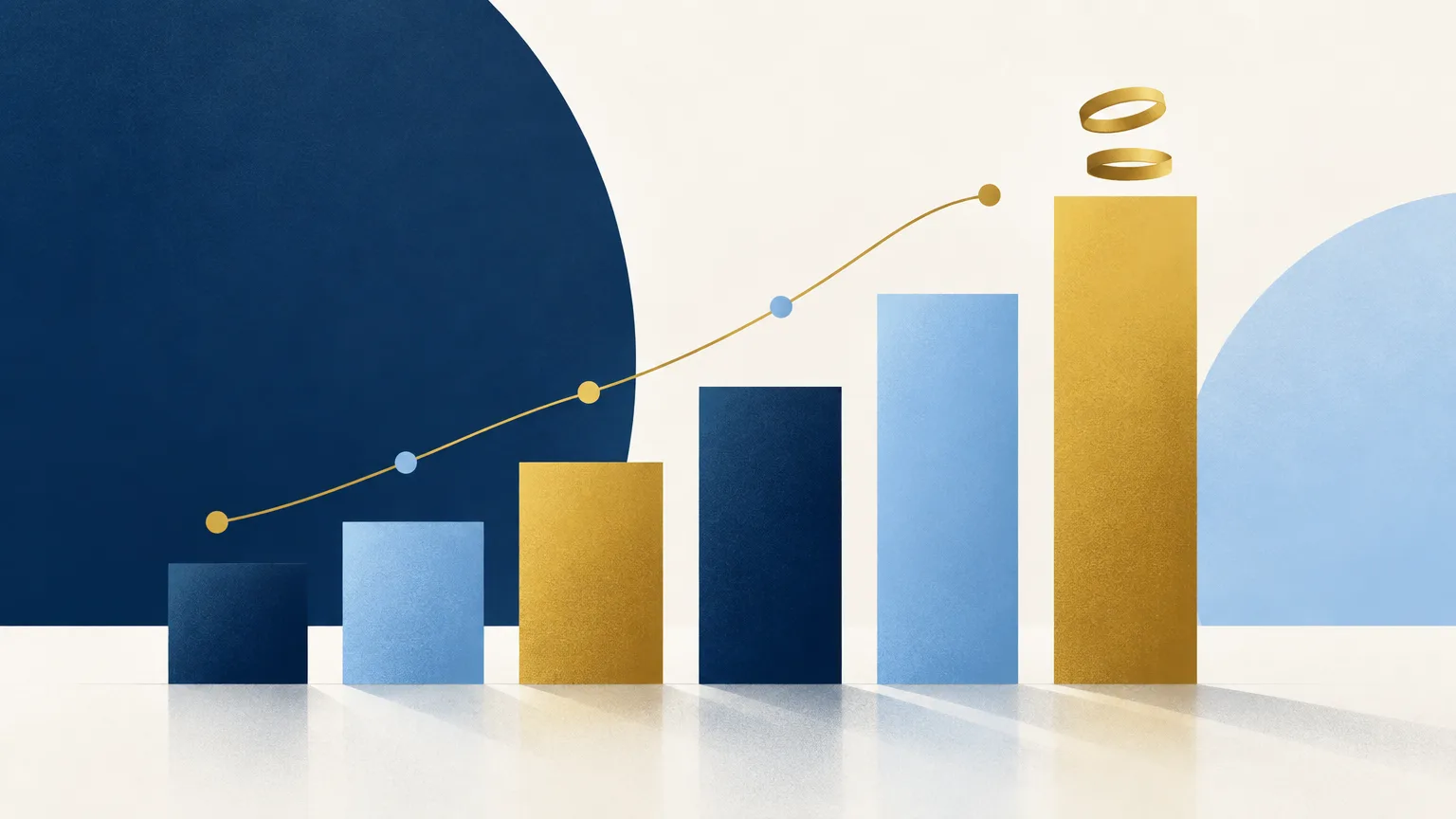 Abstract bar and line charts with two small rings
