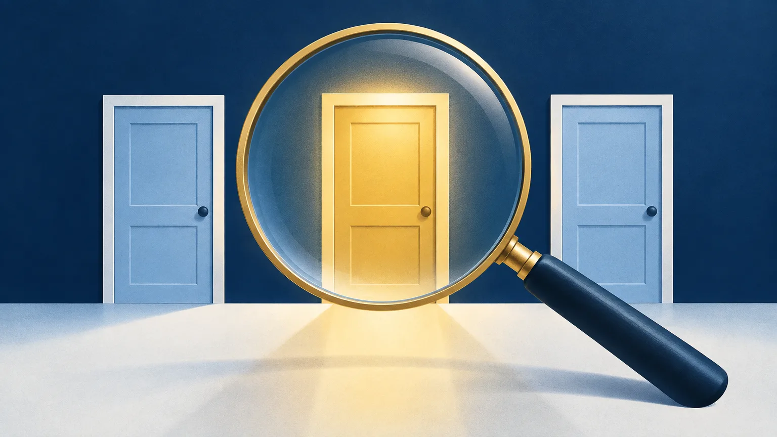 A magnifying glass over three doors, one glowing gold