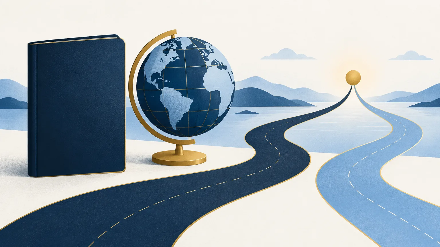 A passport and a globe with two paths converging