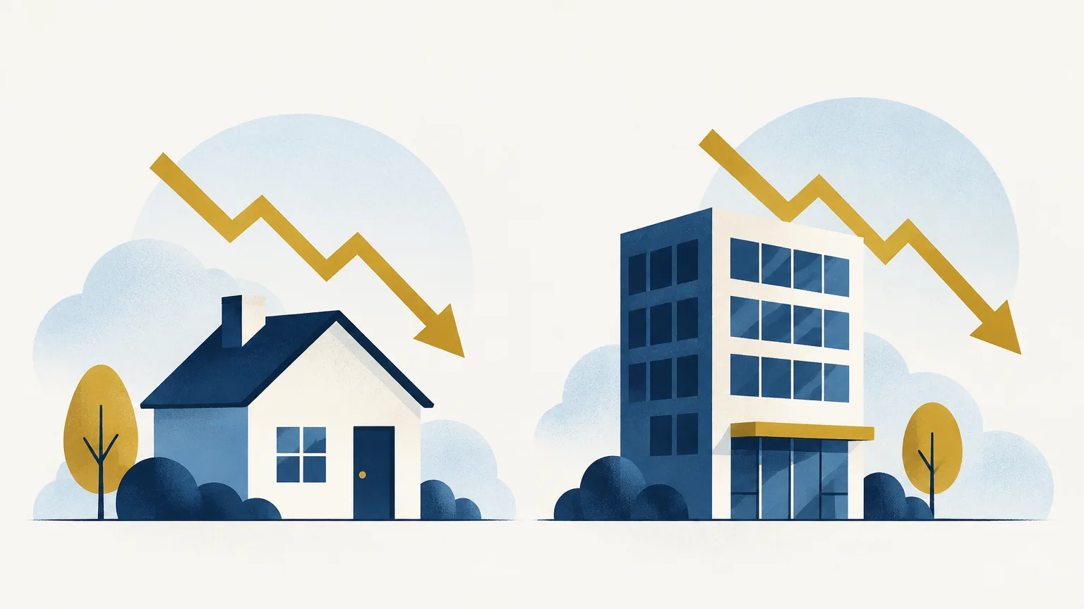 A house and an office building with downward graph arrows