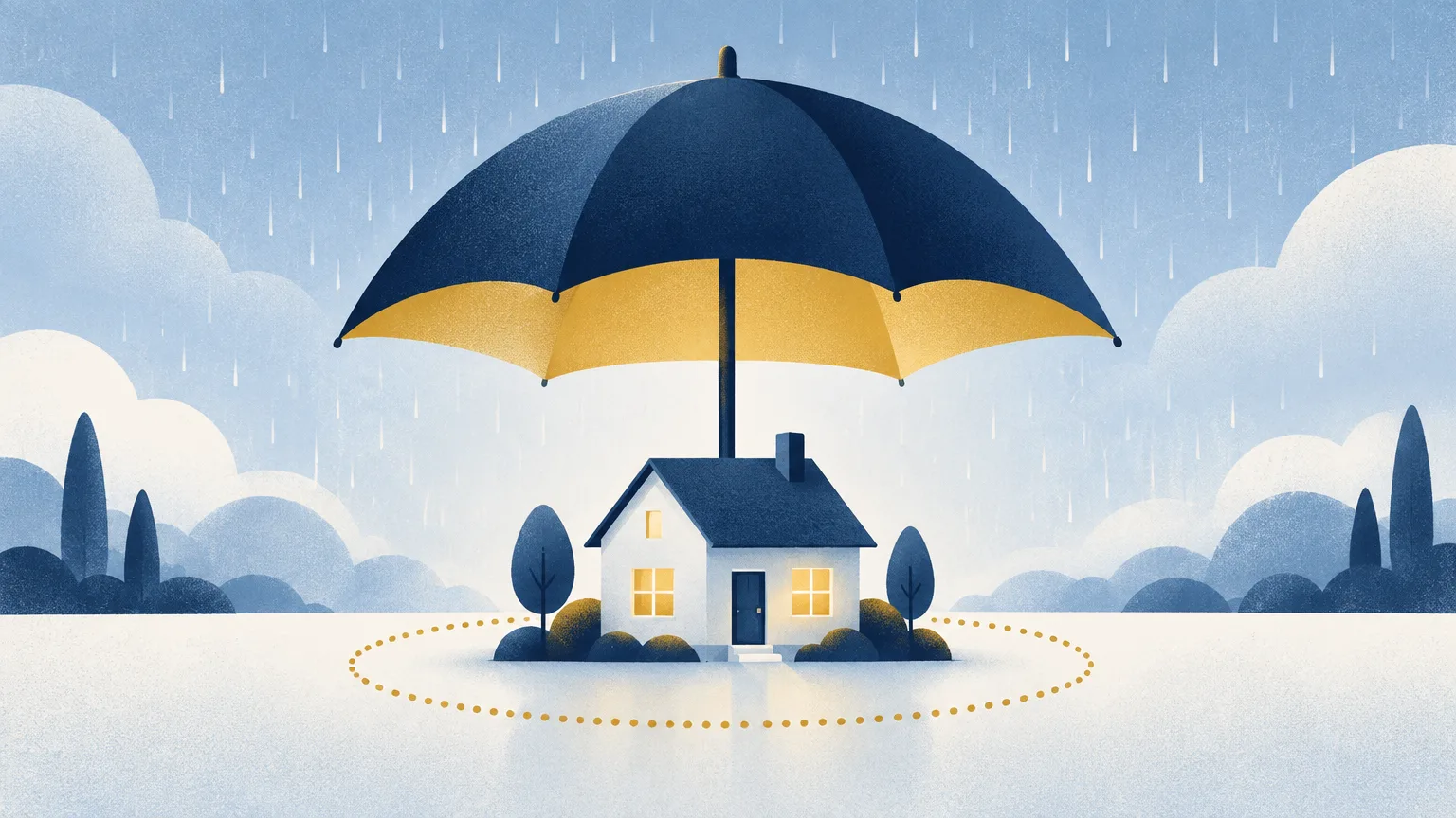 An umbrella sheltering a house inside a boundary circle