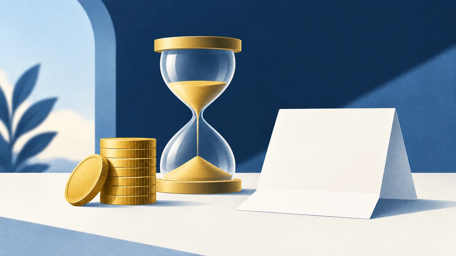 Gold coins beside an hourglass and a blank invoice