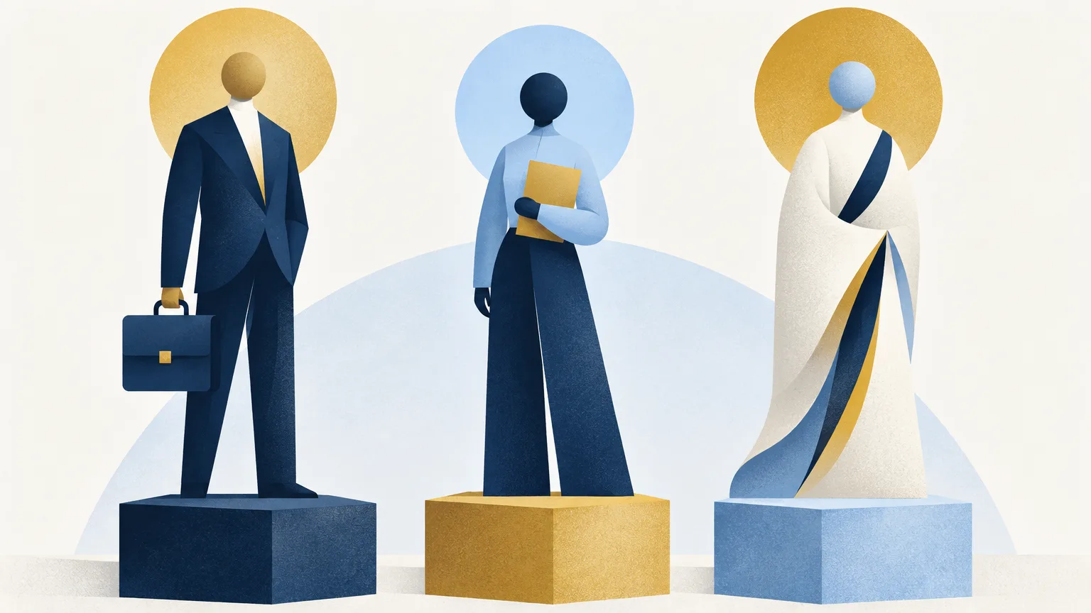 Three faceless figures on pedestals with a briefcase, a folder and a robe