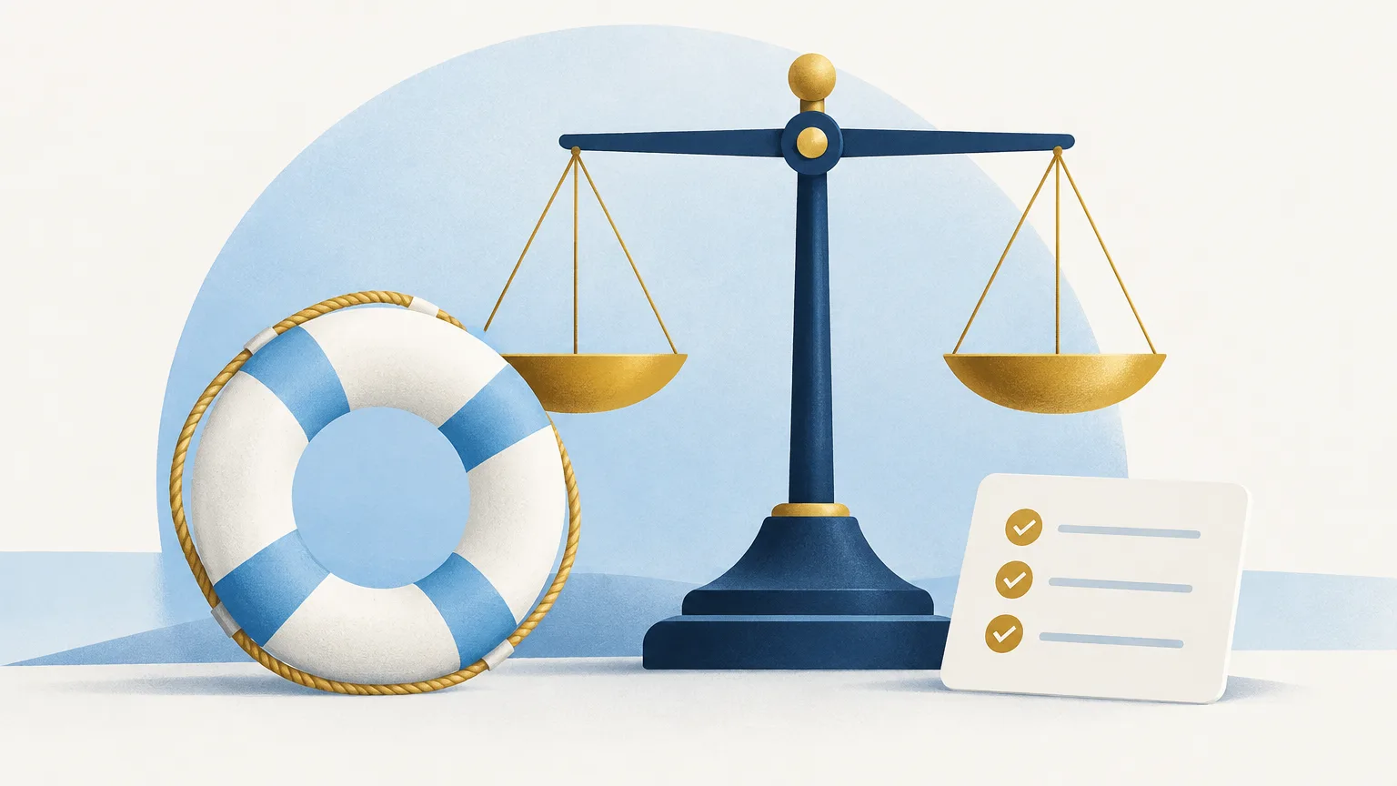 A lifebuoy leaning on a balanced scale with a checklist