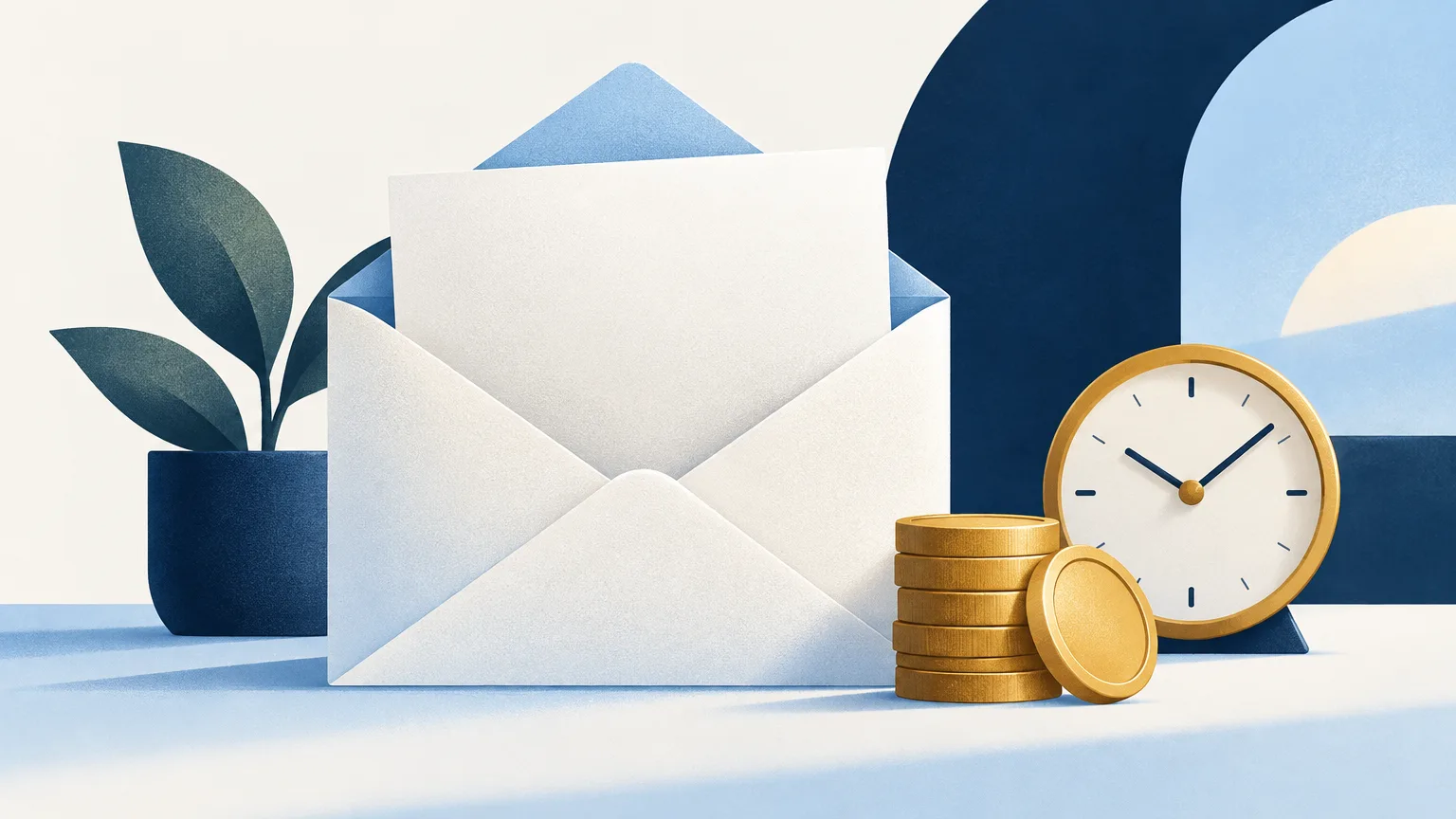 An envelope with a letter beside coins and a clock