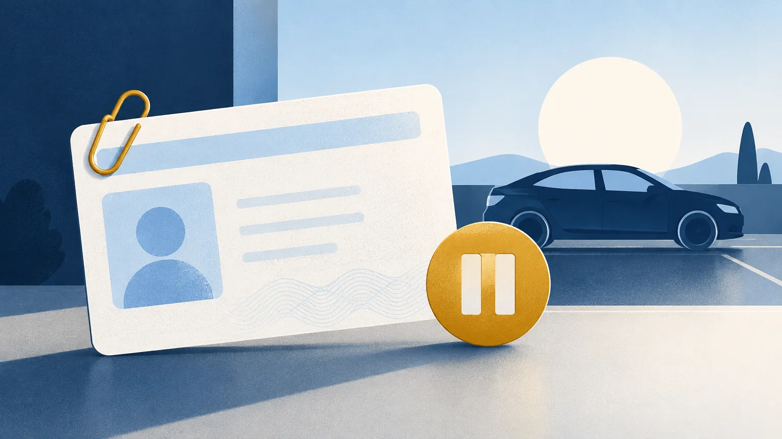 A blank licence card with a pause symbol and a parked car