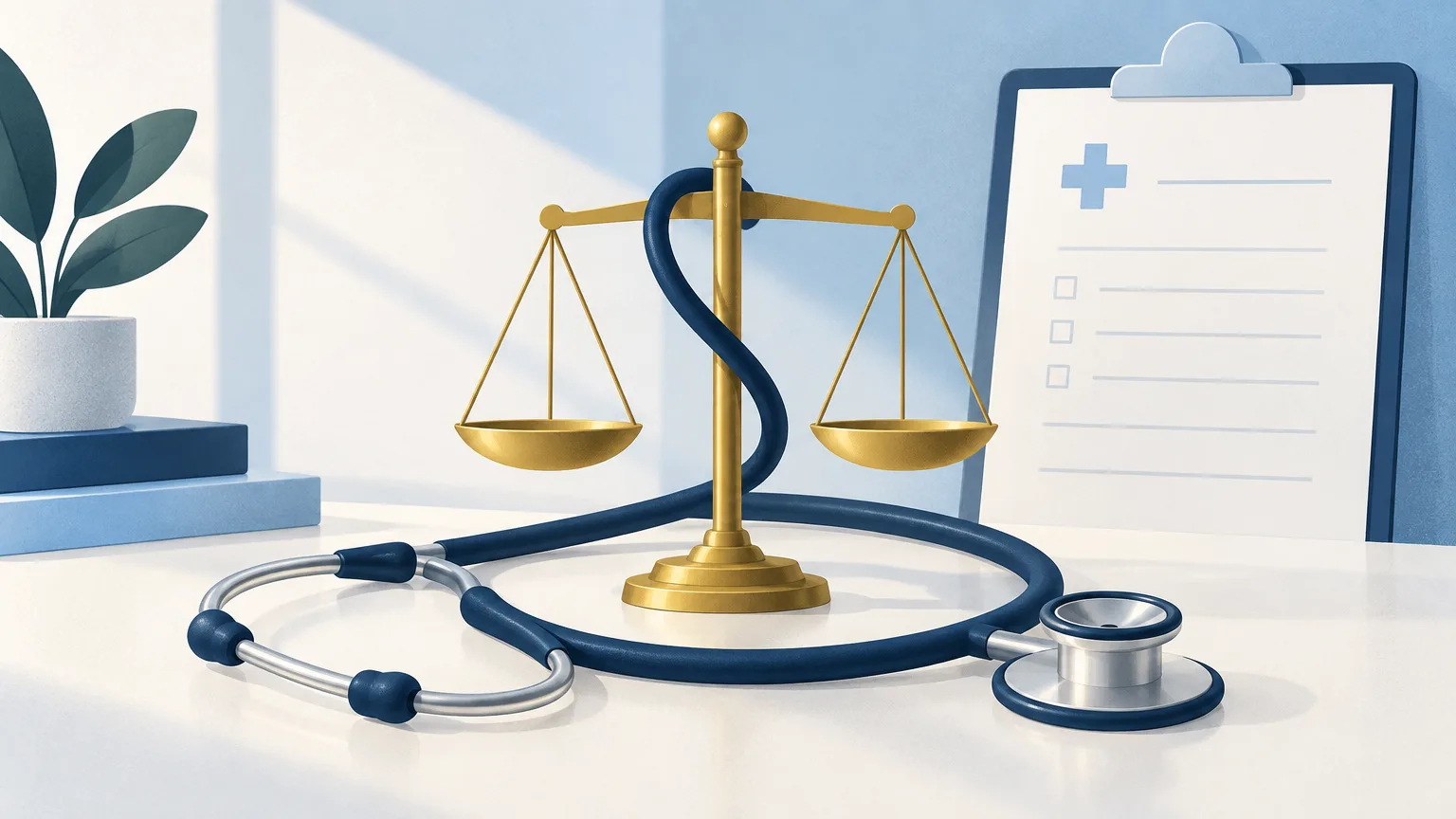 A stethoscope around a balanced scale