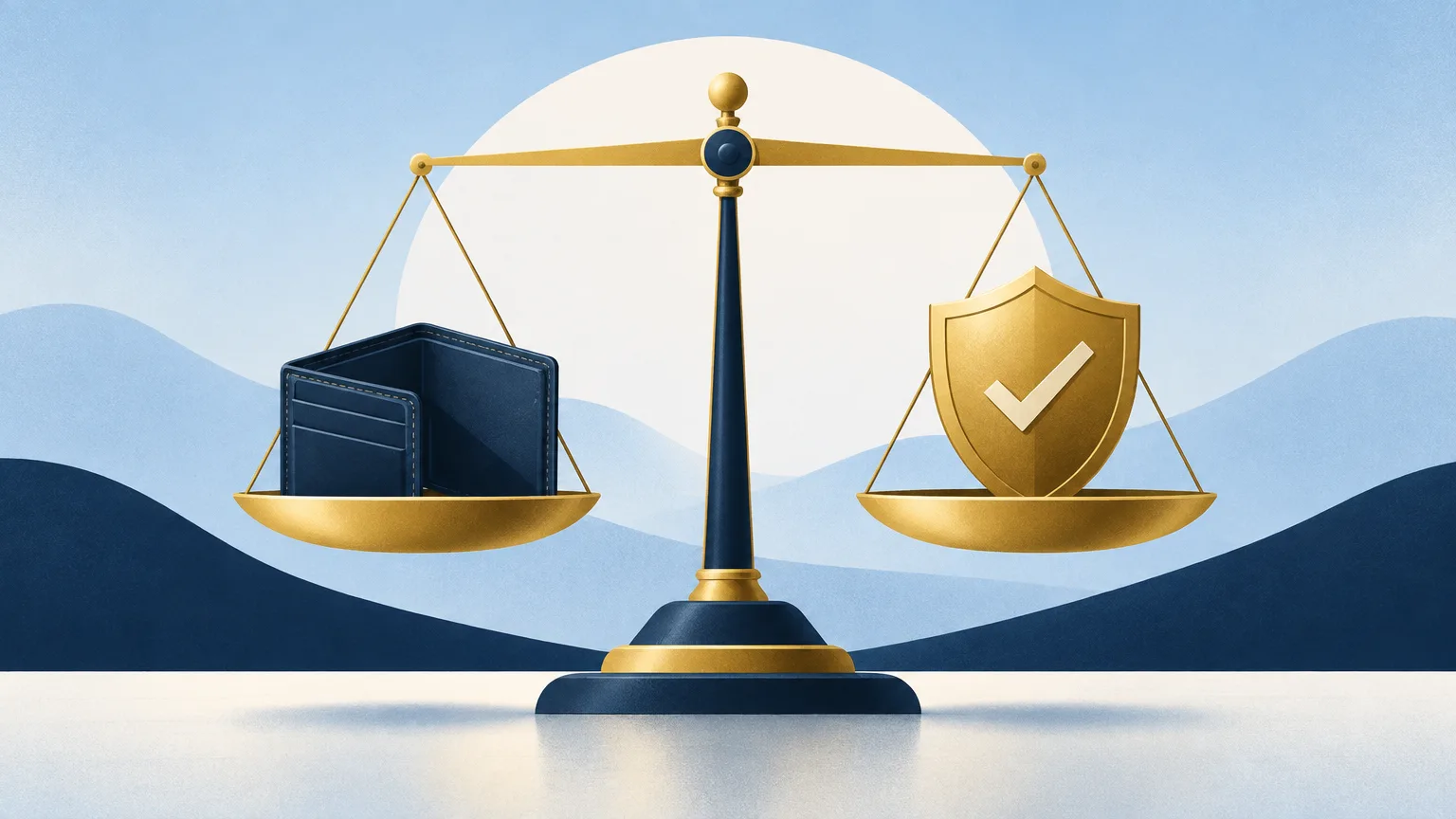 A balanced scale with an open wallet and a gold shield