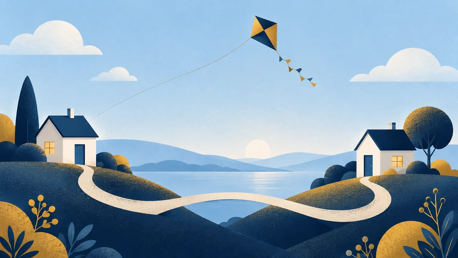 Two houses joined by a path with a kite flying between