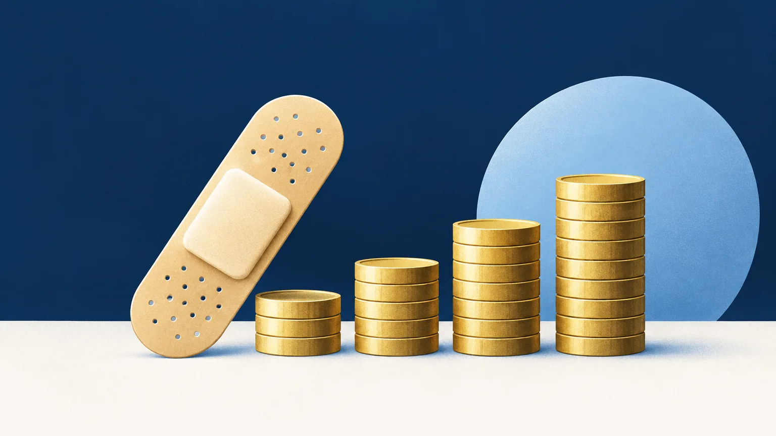 A bandage beside stacks of gold coins