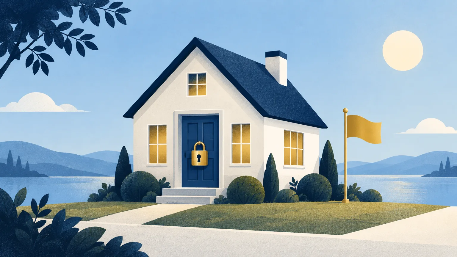 A house with a padlock and a flag on its land