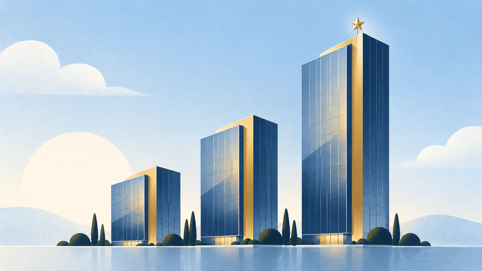 Three stylised office towers of rising height topped with a gold star