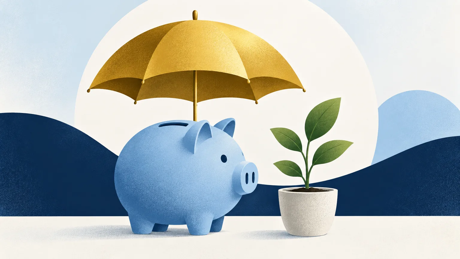 A piggy bank under an umbrella beside a growing plant