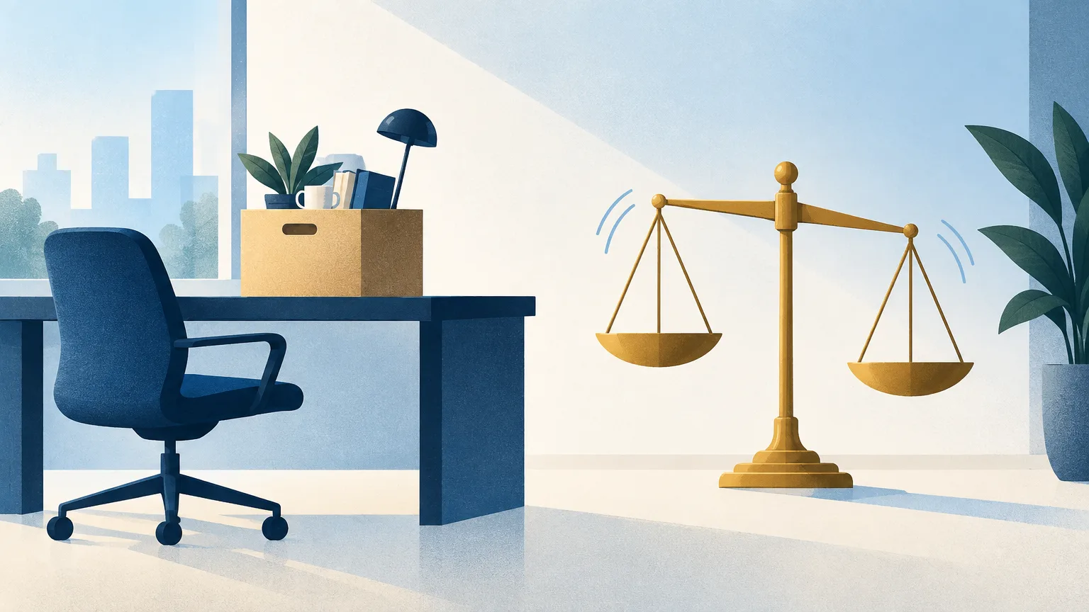 An office desk with a box of belongings and a scale