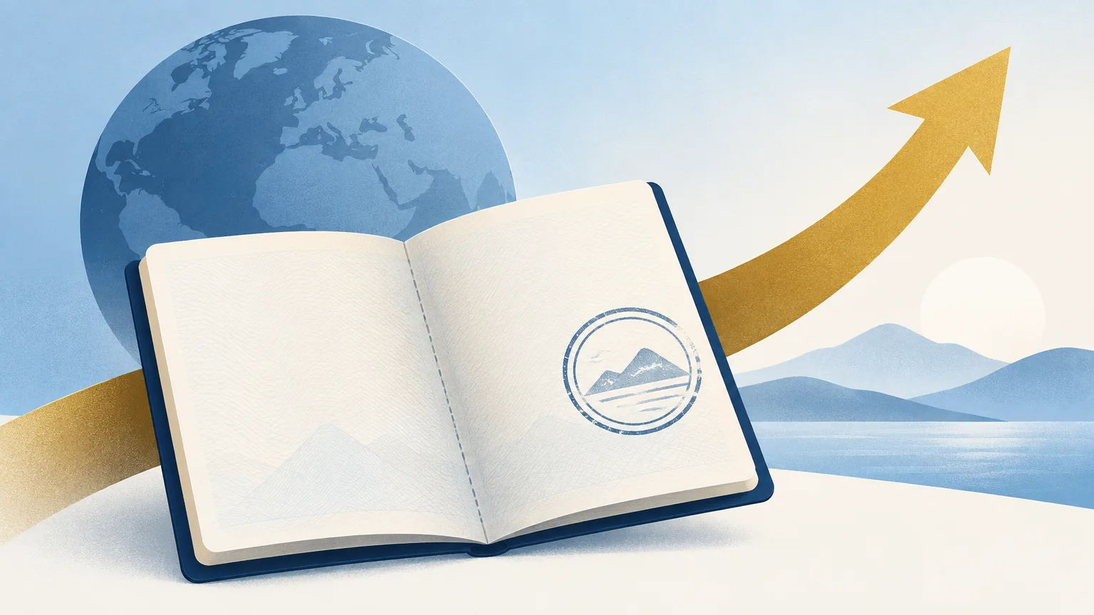 A stamped passport with an upward arrow