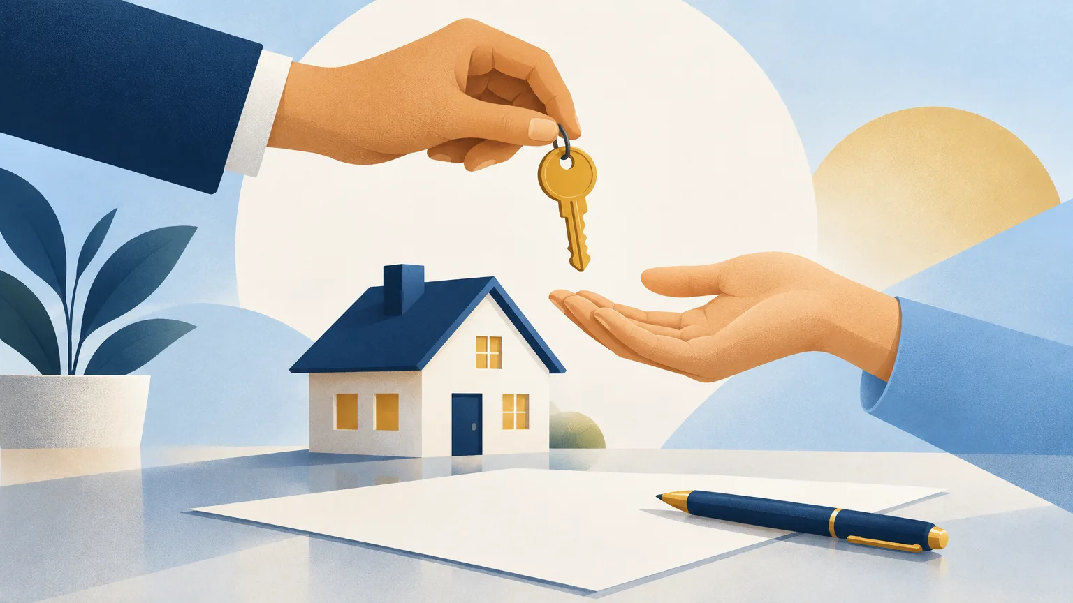 A house key passed between two hands over a model house