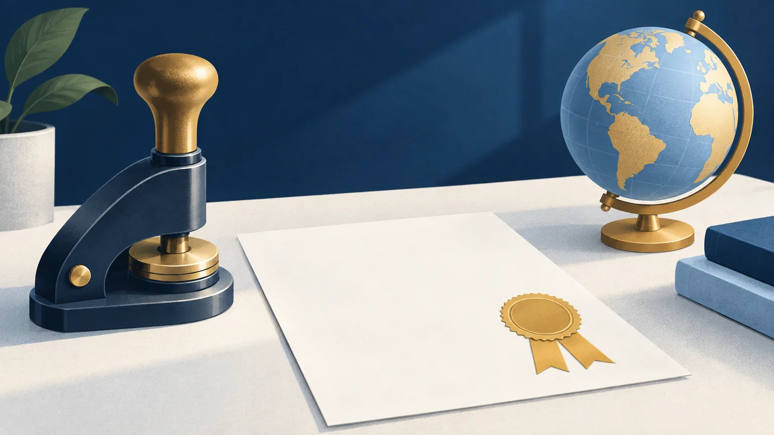 An embossing stamp with a sealed document and a globe