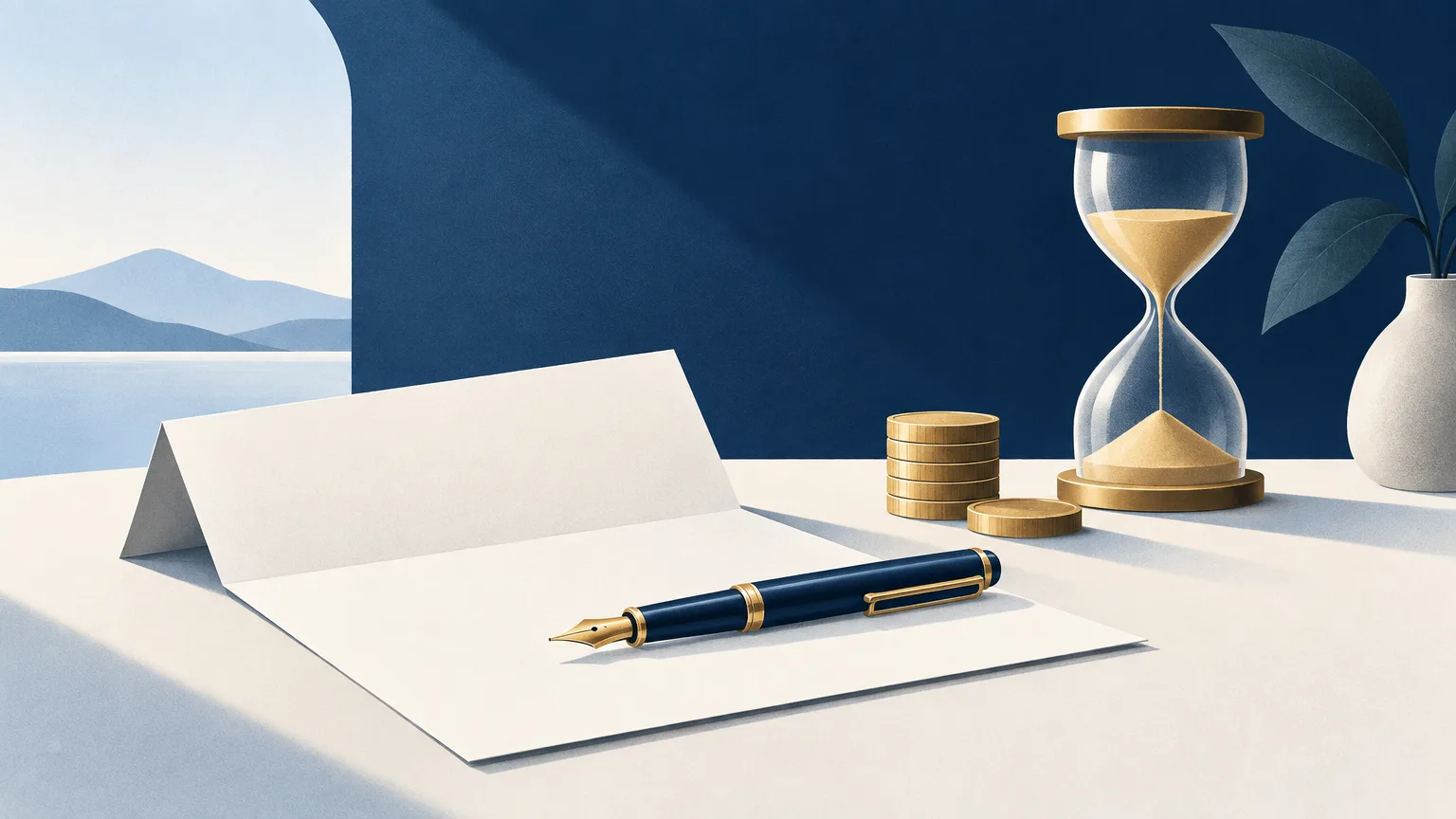 A fountain pen on a document beside coins