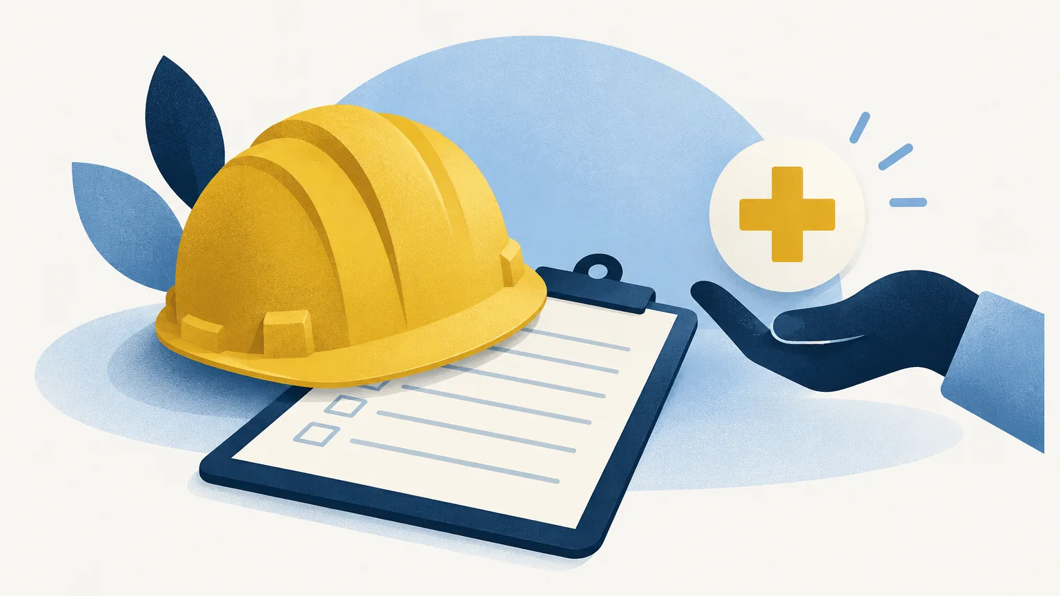 A hard hat on a clipboard with a first-aid cross